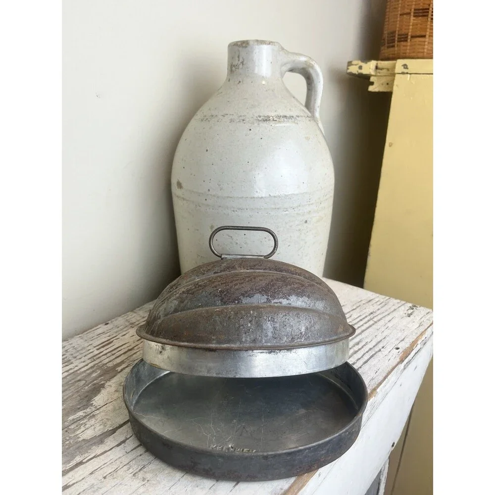 Vintage Oval Country Scalloped Serving Tray Dome, Mold, Dish W/Rust Worn Patina